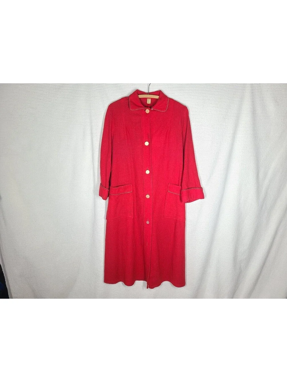 1950s Royal Robe 100% Wool Red Belt Back Satin Piping Housecoat Mens Unisex